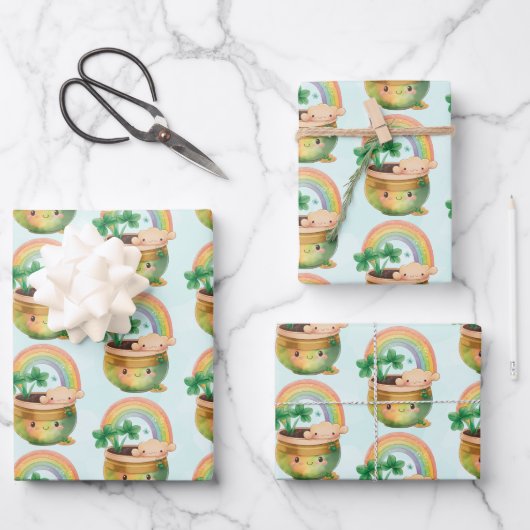 Feuille De Papier Cadeau St. Patrick's Day Whimsical Arc-en-ciel et trèfle (Recto)