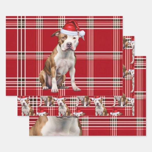 Feuille De Papier Cadeau Staffordshire Terrier Chien de Noël Rouge Plaid (Lot)