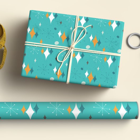 Feuille De Papier Cadeau Starburst Mid Century Motif moderne en Turquoise
