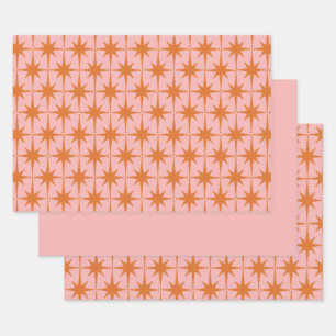 Feuille De Papier Cadeau Starburts du Moyen-siècle rétro Motif rose et oran