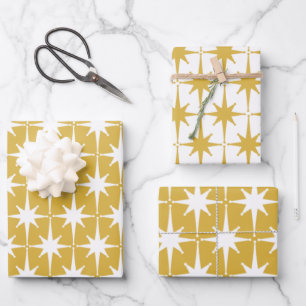 Feuille De Papier Cadeau Starburts modernes rétro du milieu du siècle blanc