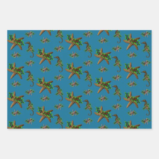 Feuille De Papier Cadeau Starfish à Holly Sea Blue Beach Noël (Devant 3)