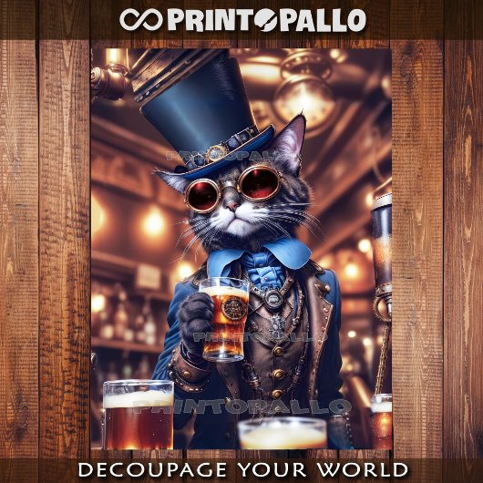 Feuille De Papier Cadeau Steampunk cat, hat, goggles and beer - Decoupage