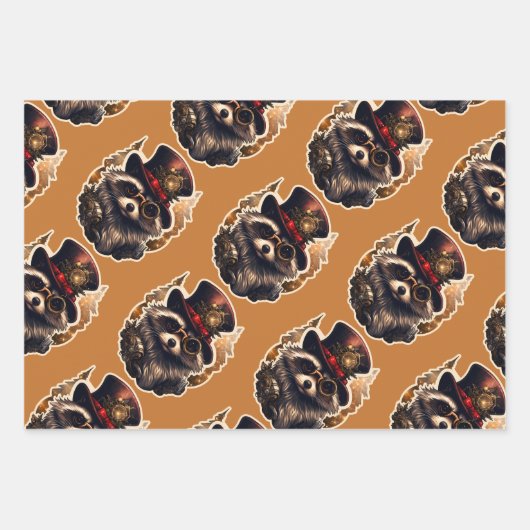 Feuille De Papier Cadeau Steampunk Christmas Tree Wolf Raccoon 3 modèles (Devant)