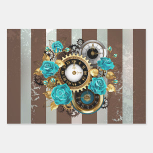 Feuille De Papier Cadeau Steampunk Clock and Turquoise Roses on Striped
