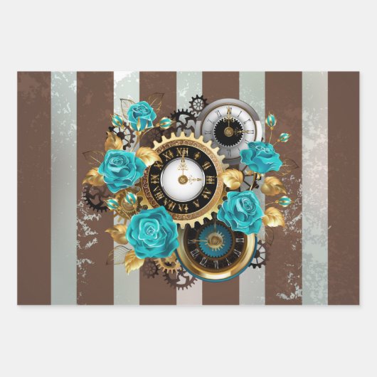 Feuille De Papier Cadeau Steampunk Clock and Turquoise Roses on Striped (Devant)