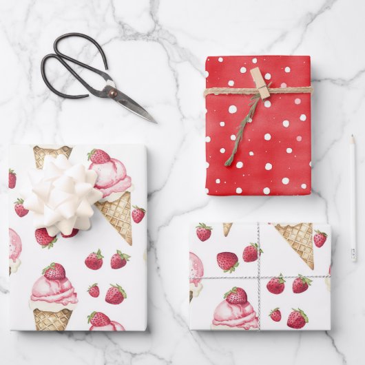 Feuille De Papier Cadeau Strawberries Ice Cream Cones Red Dots Birthday (Recto)
