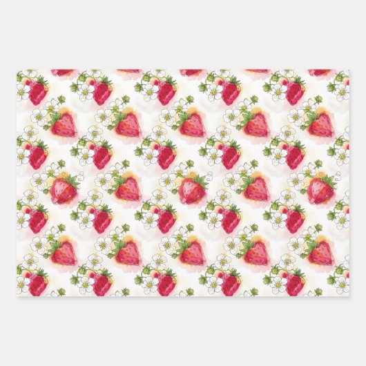 Feuille De Papier Cadeau Strawberry Blossoms and Berries Three Patterns (Devant)