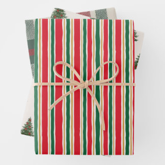 Feuille De Papier Cadeau Striped Christmas Wrapping Paper, Pine Tree
