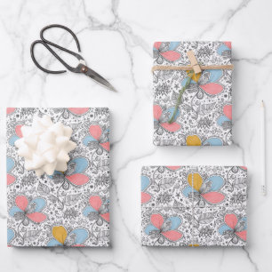 Feuille De Papier Cadeau Style d'art de griffonnage abstrait floral rose bl