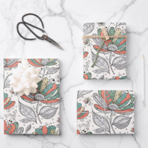 Feuille De Papier Cadeau Style de dessin abstrait floral pêche vert beige