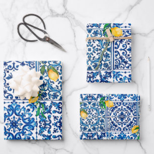 Feuille De Papier Cadeau style italien, méditerranéen, mosaïque, bleu, citr