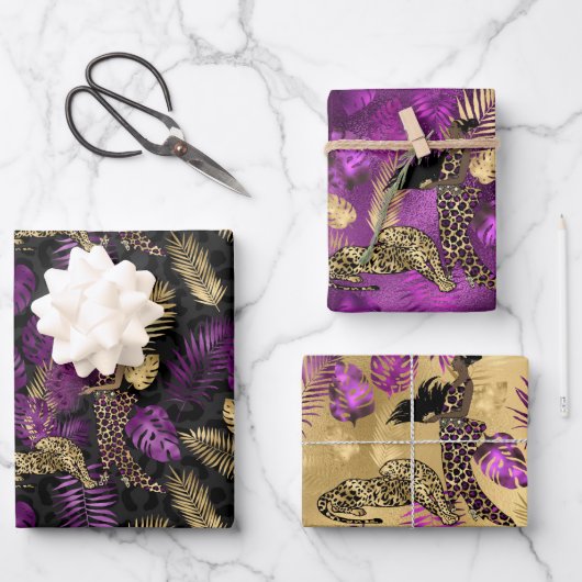 Feuille De Papier Cadeau Style violet et or léopard et safari femme (Recto)