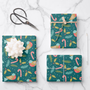Feuille De Papier Cadeau Sucres de canne Holly Pine Boughs Oiseaux