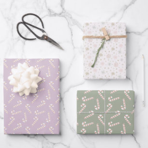 Feuille De Papier Cadeau Sucres de canne violets et verts Flammes de neige