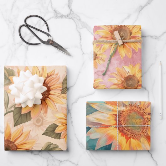 Feuille De Papier Cadeau Sunflowers blue background (Recto)