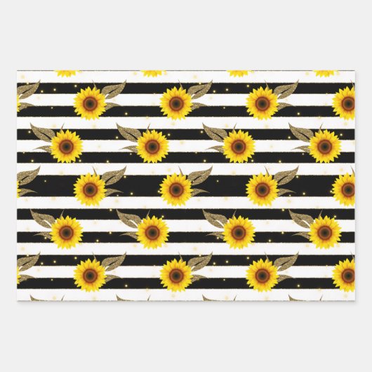 Feuille De Papier Cadeau Sunflowers with Black and White Horizontal Lines (Devant 3)