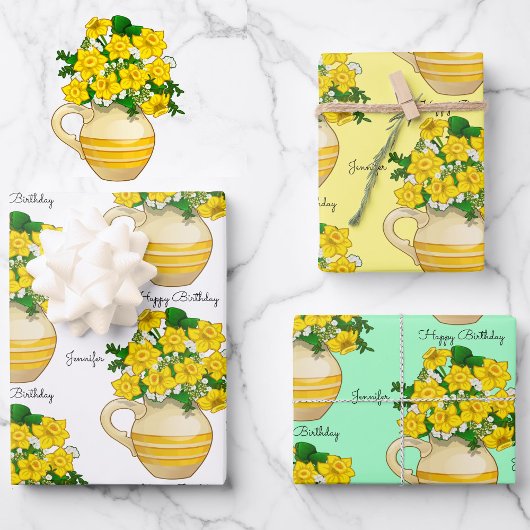 Feuille De Papier Cadeau Sunny Daffodils Happy Birthday Ajouter le nom 3