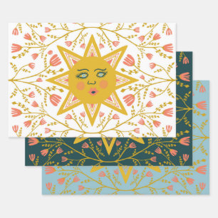 Feuille De Papier Cadeau Suns Géométrique Vines FLowers Vert Pink