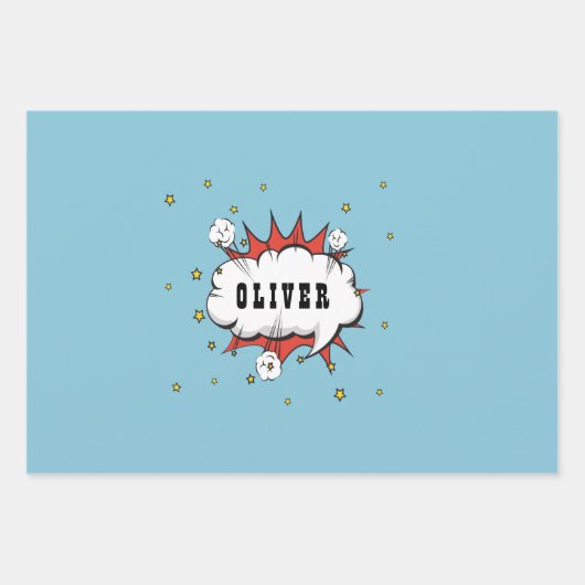 Feuille De Papier Cadeau Superhero Comic Speech Bubble Boy Name (Devant)