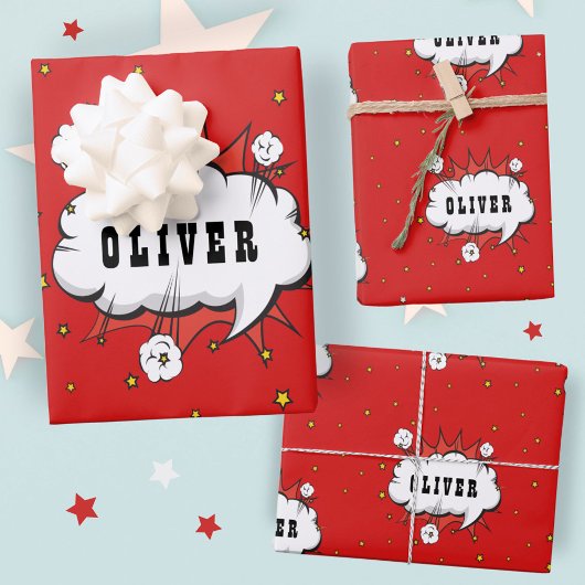 Feuille De Papier Cadeau Superhero Comic Speech Bubble Red Boy Name