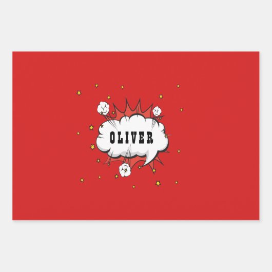 Feuille De Papier Cadeau Superhero Comic Speech Bubble Red Boy Name (Devant)