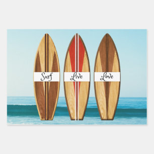 Feuille De Papier Cadeau Surf, Live, Love Surfboards et Ocean Waves