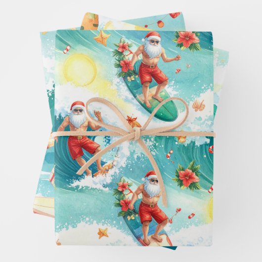 Feuille De Papier Cadeau Surfing Santa Claus (En situation)
