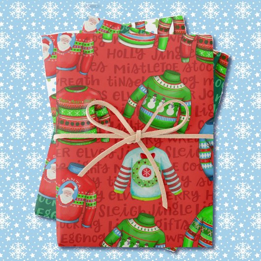 Feuille De Papier Cadeau Sweaters de Noël moches en rouge et vert 3
