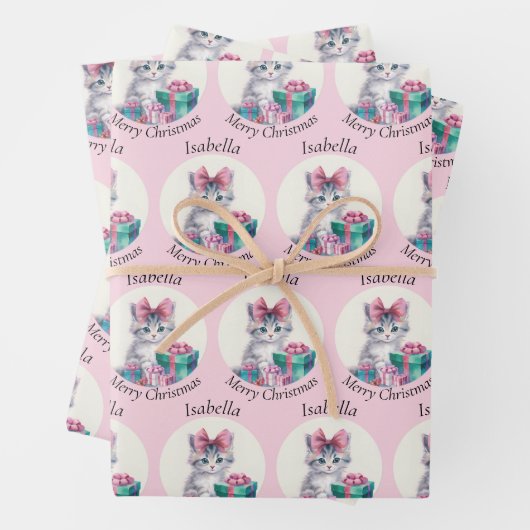 Feuille De Papier Cadeau Sweet Christmas Kitten Big Pink Bow Add Name (En situation)