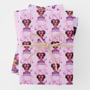 Feuille De Papier Cadeau Sweet ONE Afro Puff bébé fille pourpre 1er anniver