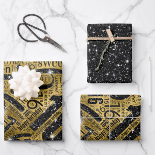 Feuille De Papier Cadeau Sweet sixteen Sparkle Word Cloud Noir/Or ID265