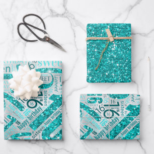 Feuille De Papier Cadeau Sweet sixteen Sparkle Word Cloud Turquoise ID265