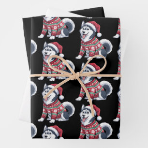 Feuille De Papier Cadeau T-shirt Ugly Dog Husky Sibérien Chapeau de Santa N