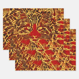 Feuille De Papier Cadeau Tabby Abstrait Tribal Chat Rouge Jaune Hippie Art