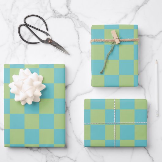 Feuille De Papier Cadeau Tableau À damiers Motif en bleu et vert (Recto)