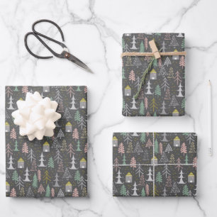 Feuille De Papier Cadeau Tableau noir Arbres de Noël et Maisons Jaune rose