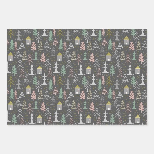 Feuille De Papier Cadeau Tableau noir Arbres de Noël et Maisons Jaune rose (Devant)