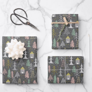 Feuille De Papier Cadeau Tableau noir Arbres de Noël et Maisons Jaune rose