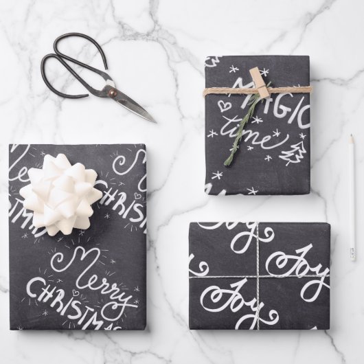 Feuille De Papier Cadeau Tableau noir blanc Script Joyeux Noël (Recto)