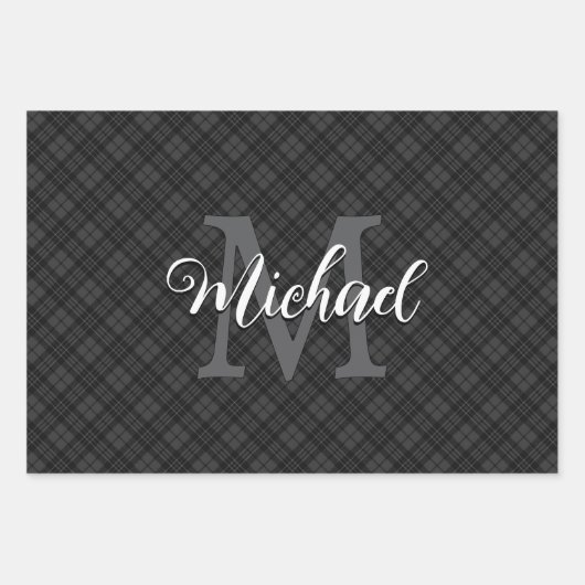 Feuille De Papier Cadeau Tartan blanc noir plaid hiver Noël Monogramme (Devant)