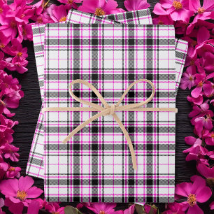 Feuille De Papier Cadeau Tartan - Blanc-Noir-Rose