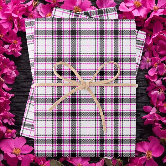 Feuille De Papier Cadeau Tartan - Blanc-Noir-Rose