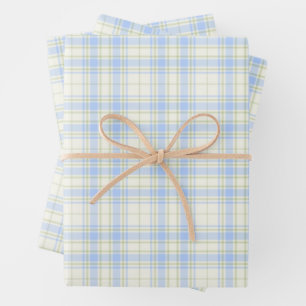 Feuille De Papier Cadeau Tartan -Bleu Ciel-Vert Sauge-Ivoire Extra Clair