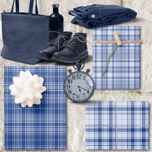 Feuille De Papier Cadeau Tartan - Bleu clair à bleu marine Différent