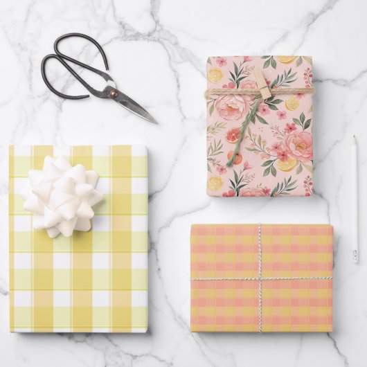 Feuille De Papier Cadeau Tartan rose lemon yellow peach set wrapping paper (Recto)