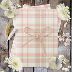 Feuille De Papier Cadeau Tartan -Rose Pâle-Sage Vert-Ivoire Extra Clair