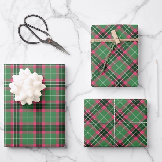 Feuille De Papier Cadeau Tartan vert et rose (Recto)
