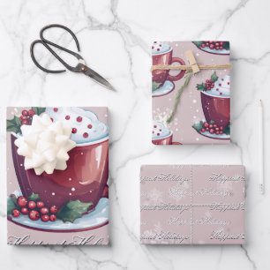 Feuille De Papier Cadeau Tasse de Chocolat Chaud de Noël   Rose Blush