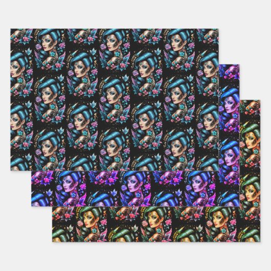 Feuille De Papier Cadeau Tatouages Et Roses (Lot)